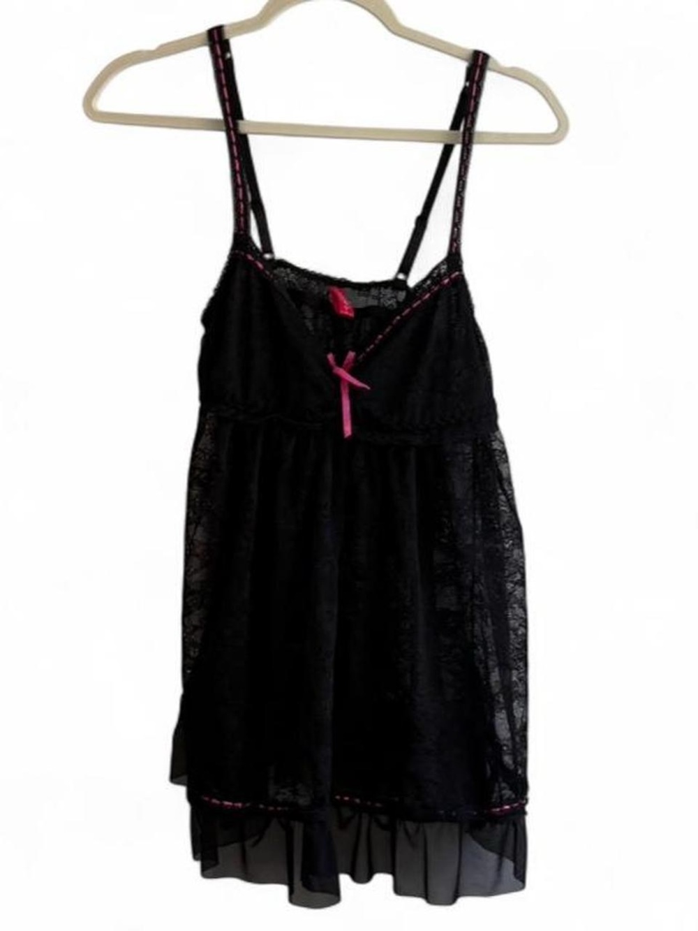 Pucker Up! Black Lace & Pink Ribbon Lingerie Babydoll Mini Dress Size L